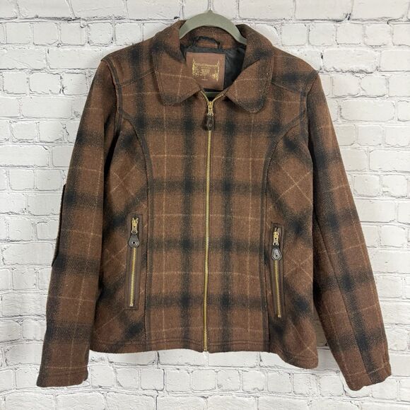 Ruff Hewn Full Zip Jacket Wool Blend Elbow Patch Womens L Brown Plaid Zip Pocket - Picture 4 of 13